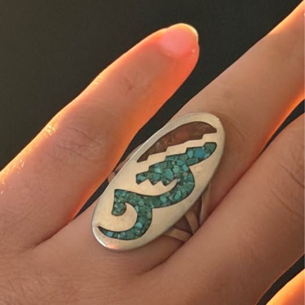 Navajo Sterling Silver Turquoise & Coral Ring Size 5 | Southwestern Ring